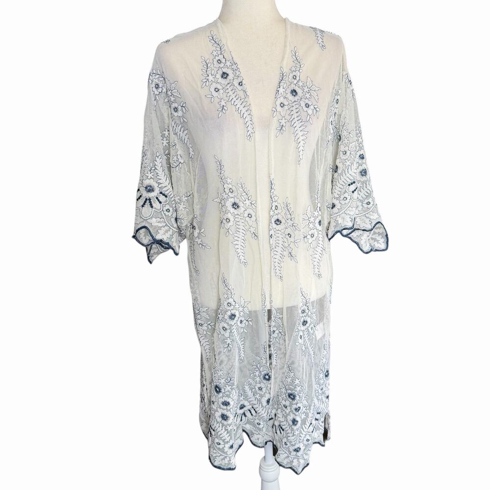 Blue Rain Sheer Kimono Duster White Embroidery Sz M Bohemian Angelcore Boho